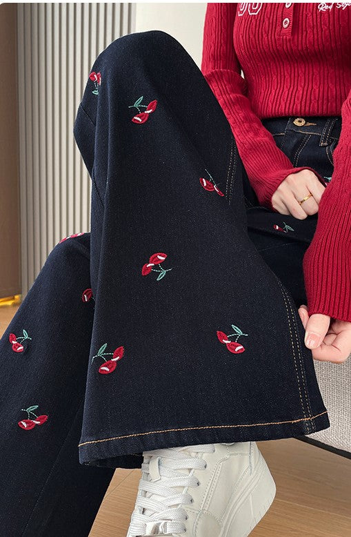 Cherry Embroidered Wide Leg Jeans featuring a stylish design with red cherry motifs