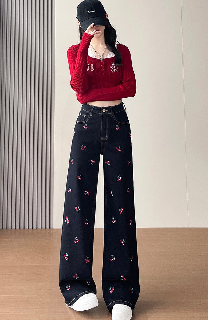 Cherry Embroidered Wide Leg Jeans with Floral Design and a Stylish Casual Look