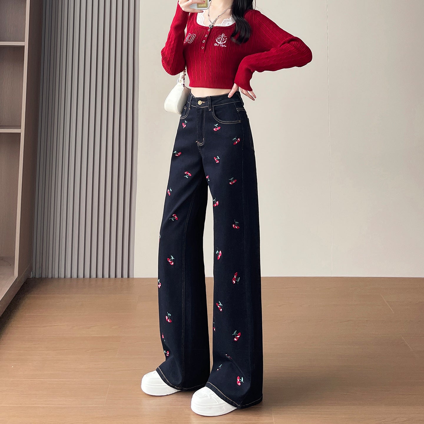 Cherry Embroidered Wide Leg Jeans with a high waist and stylish floral embroidery design