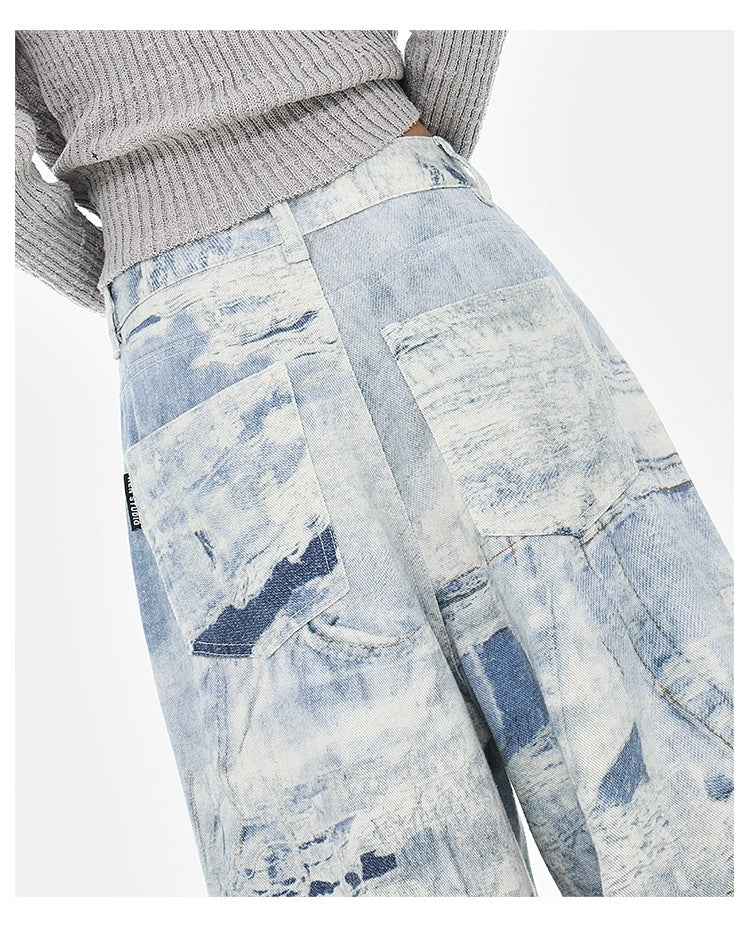 Cloud Wash High Street Wide Leg Jeans featuring a unique patchwork design and back pockets