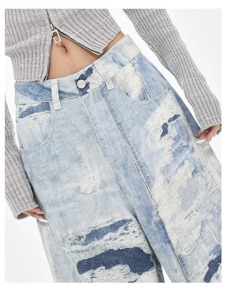 Cloud Wash High Street Wide Leg Jeans with Distressed Details for a Trendy Look