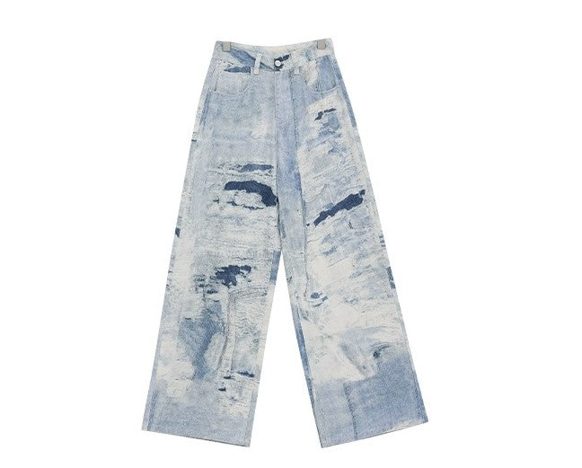 Cloud Wash High Street Wide Leg Jeans in light blue with unique abstract patterns for a trendy look