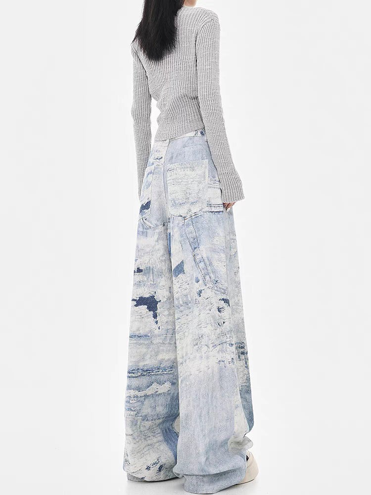 Back view of Cloud Wash High Street Wide Leg Jeans with a stylish oversized fit and unique wash pattern