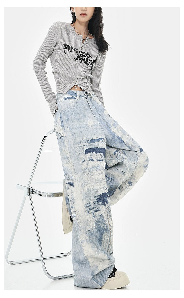Model wearing Cloud Wash High Street Wide Leg Jeans paired with a striped top for a trendy look
