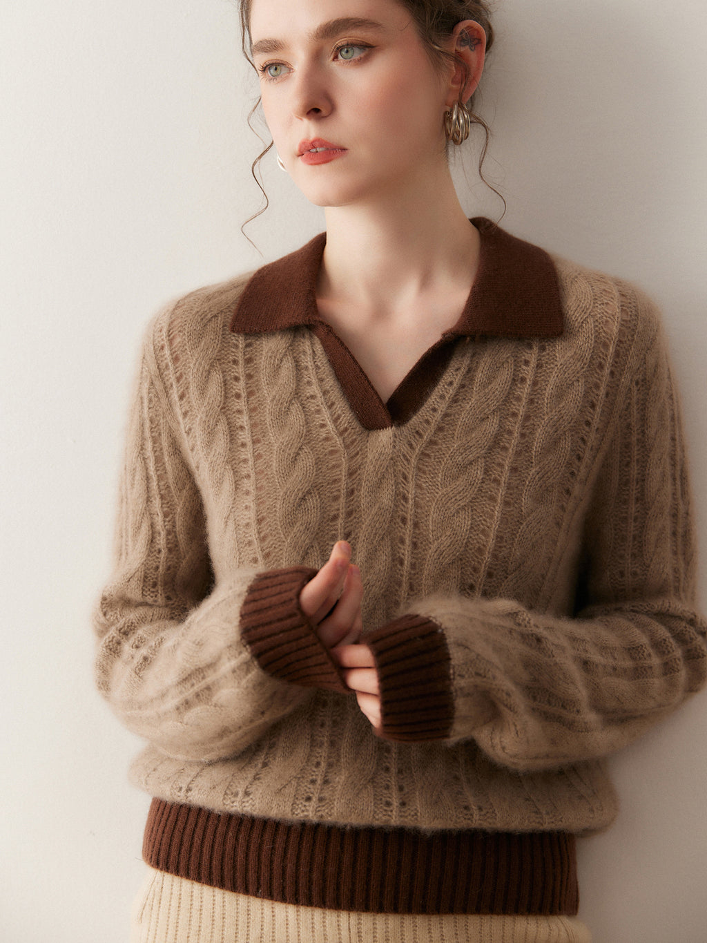 AM Vision RO Cloud Weave Cashmere Crochet Sweater with a stylish collar and warm knit texture