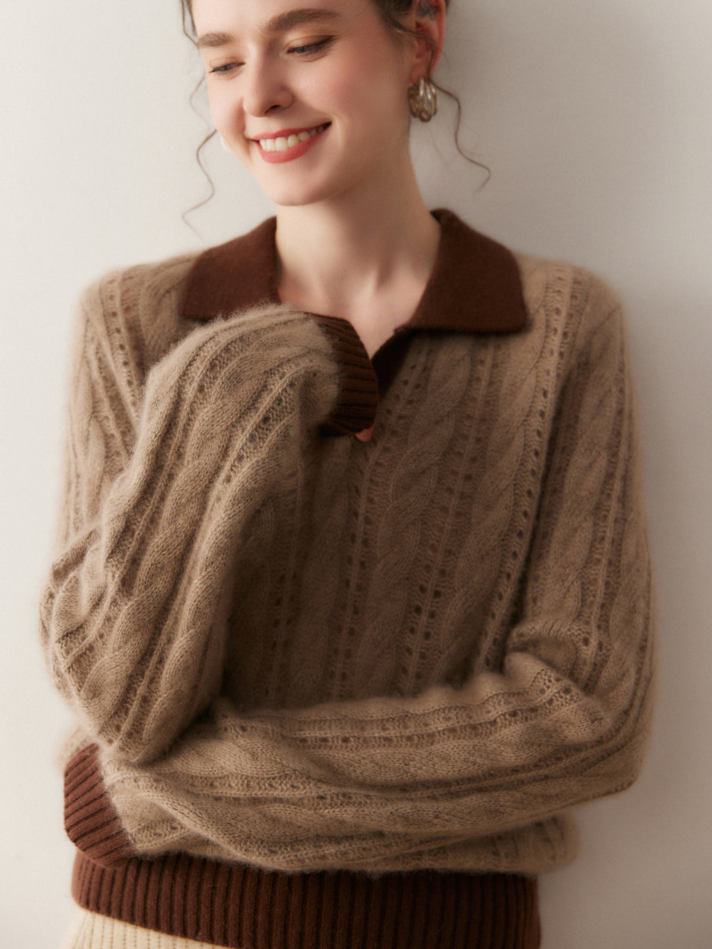 Cloud Weave Cashmere Crochet Sweater in brown and beige with a stylish collar and cozy fit