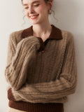 Cloud Weave Cashmere Crochet Sweater in brown and beige with a stylish collar and cozy fit