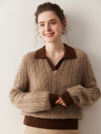 Cloud Weave Cashmere Crochet Sweater with a cozy V-neck and ribbed cuffs in brown tones