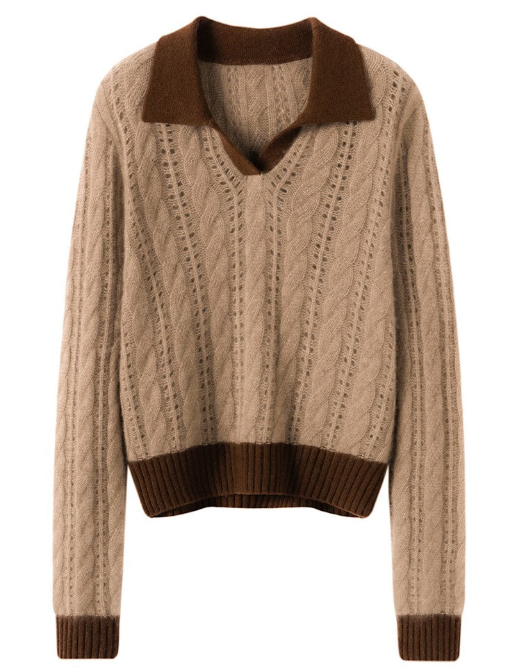 AM Vision RO Cloud Weave Cashmere Crochet Sweater with V-Neck and Ribbed Hem in Beige