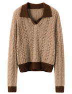 AM Vision RO Cloud Weave Cashmere Crochet Sweater with V-Neck and Ribbed Hem in Beige