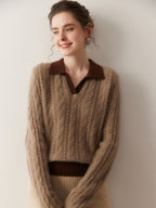 AM Vision RO Cloud Weave Cashmere Crochet Sweater in Soft Brown with a Stylish Collar and Cozy Design