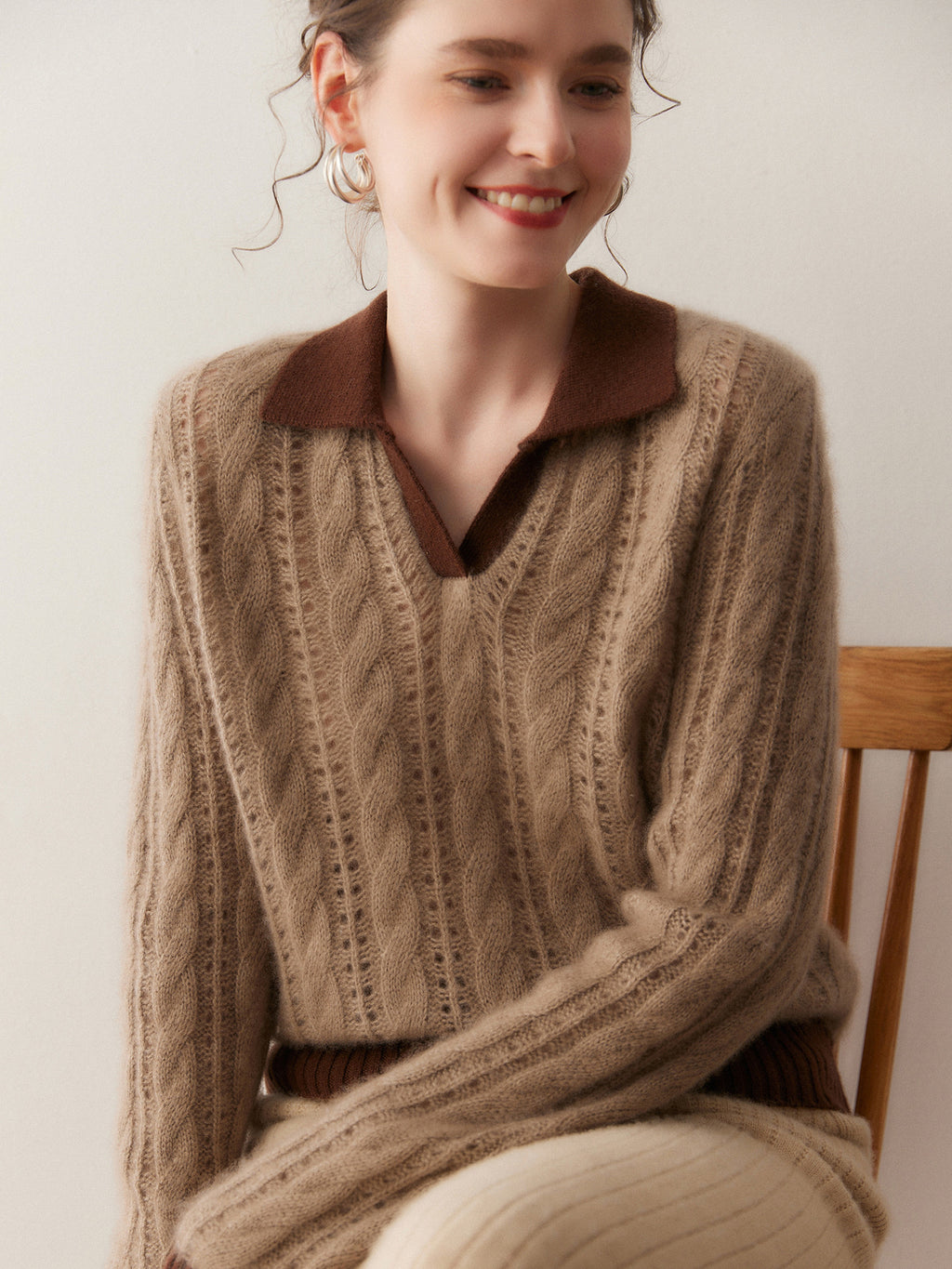 AM Vision RO Cloud Weave Cashmere Crochet Sweater in beige with a stylish collar and cable knit design