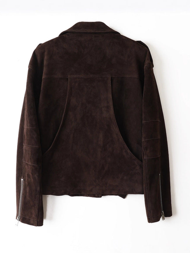 Colette 70s Goatskin Jacket in dark brown with a sleek back design and zipper details