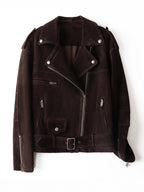 Colette 70s Goatskin Jacket in dark brown with a stylish biker design and multiple zippered pockets