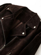 Colette 70s Goatskin Jacket in rich brown suede with stylish lapels and zipper details