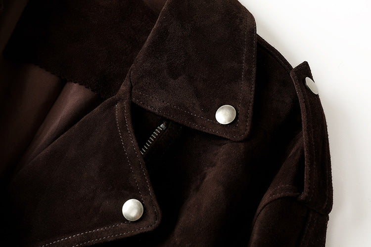 Close-up of the Colette 70s Goatskin Jacket highlighting the soft suede texture and silver snaps