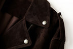 Close-up of the Colette 70s Goatskin Jacket highlighting the soft suede texture and silver snaps