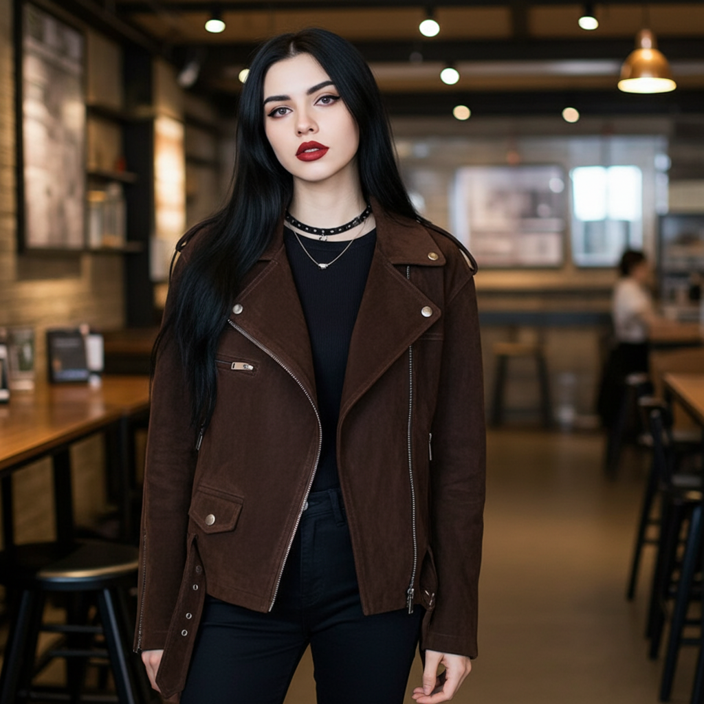 Colette 70s Goatskin Jacket in Brown, featuring a stylish biker design and sleek zippers