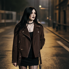 Colette 70s Goatskin Jacket in brown, styled with a black dress for a chic, edgy look