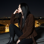 Chic Colette 70s Goatskin Jacket in brown worn by model with black pants at night cityscape