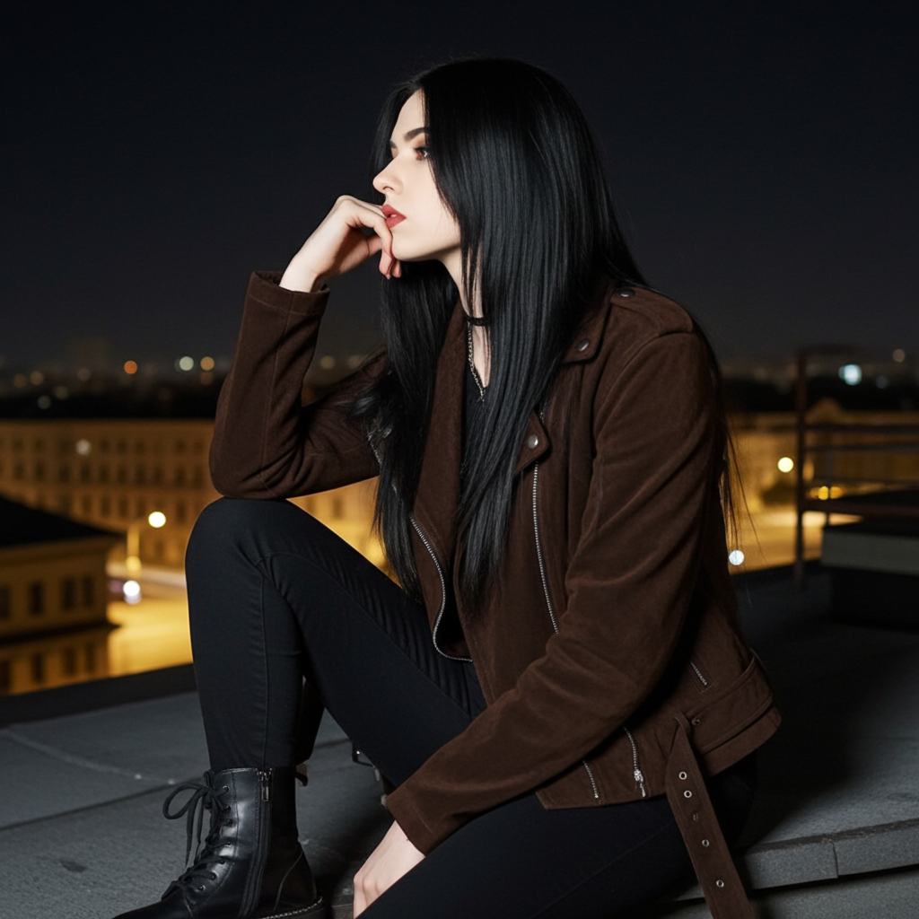 Chic Colette 70s Goatskin Jacket in brown worn by model with black pants at night cityscape