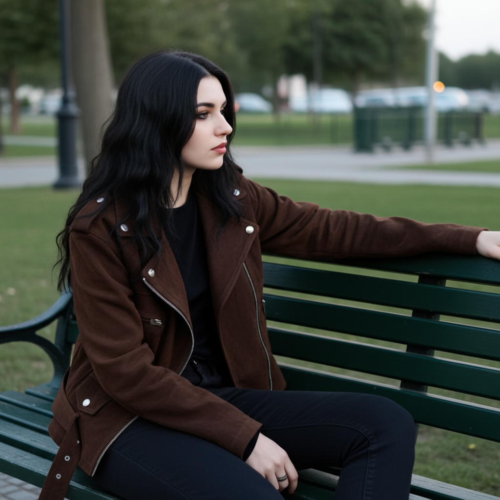 Colette 70s Goatskin Jacket in brown, styled with black jeans, perfect for fall fashion