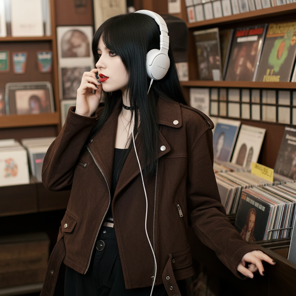 Colette 70s Goatskin Jacket in dark brown, styled with a casual outfit and headphones
