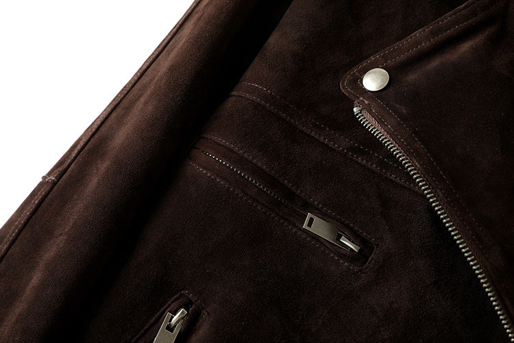 Colette 70s Goatskin Jacket in brown with multiple zippered pockets and suede texture