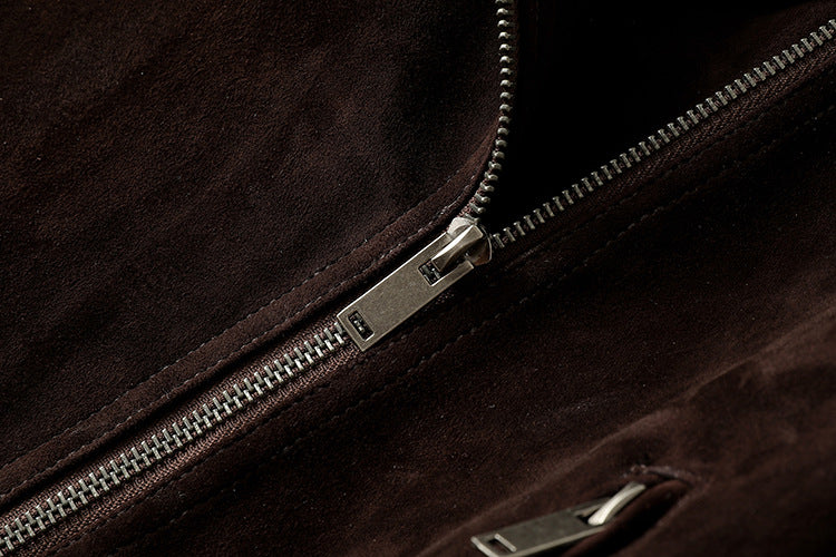 Close-up of the zipper detail on the Colette 70s Goatskin Jacket in rich brown suede