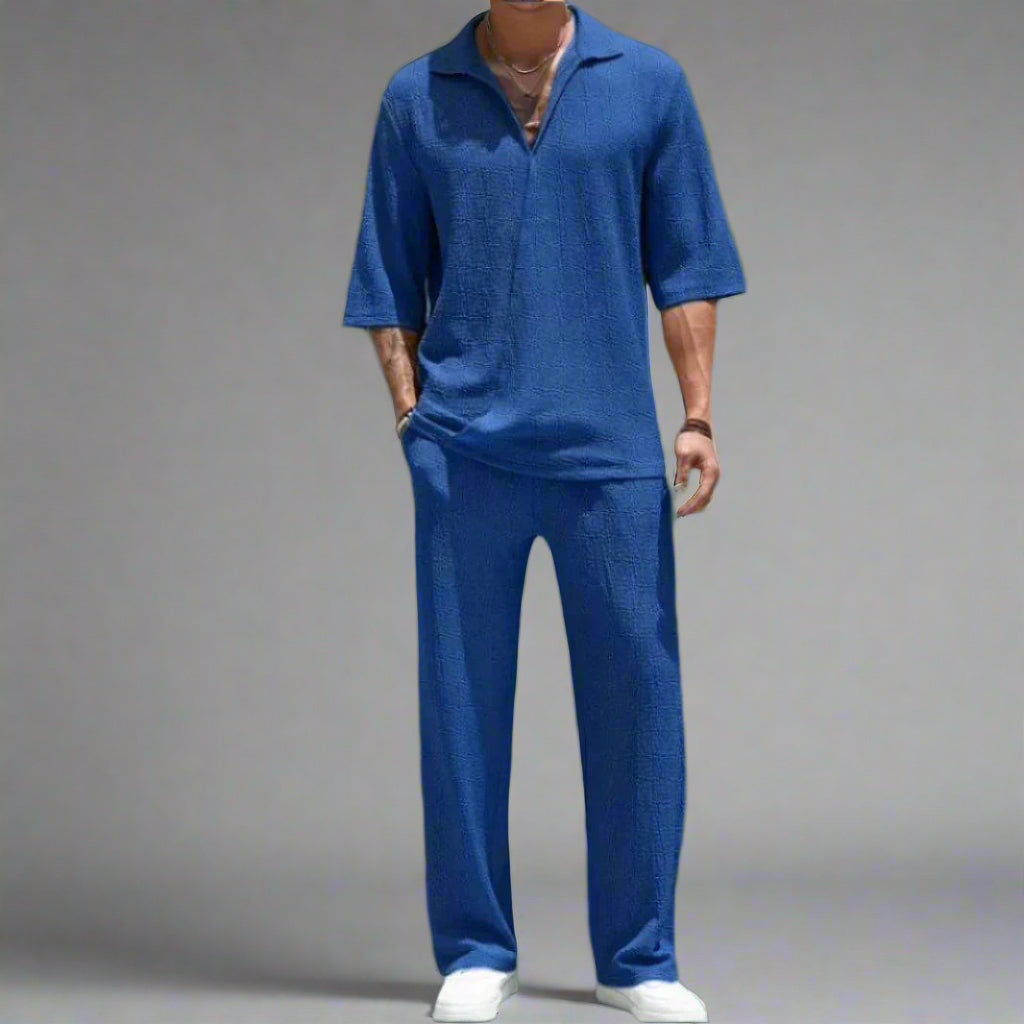 Compleu vară bărbați albastru cu mâneci scurte și pantaloni lungi, ținută casual confortabilă