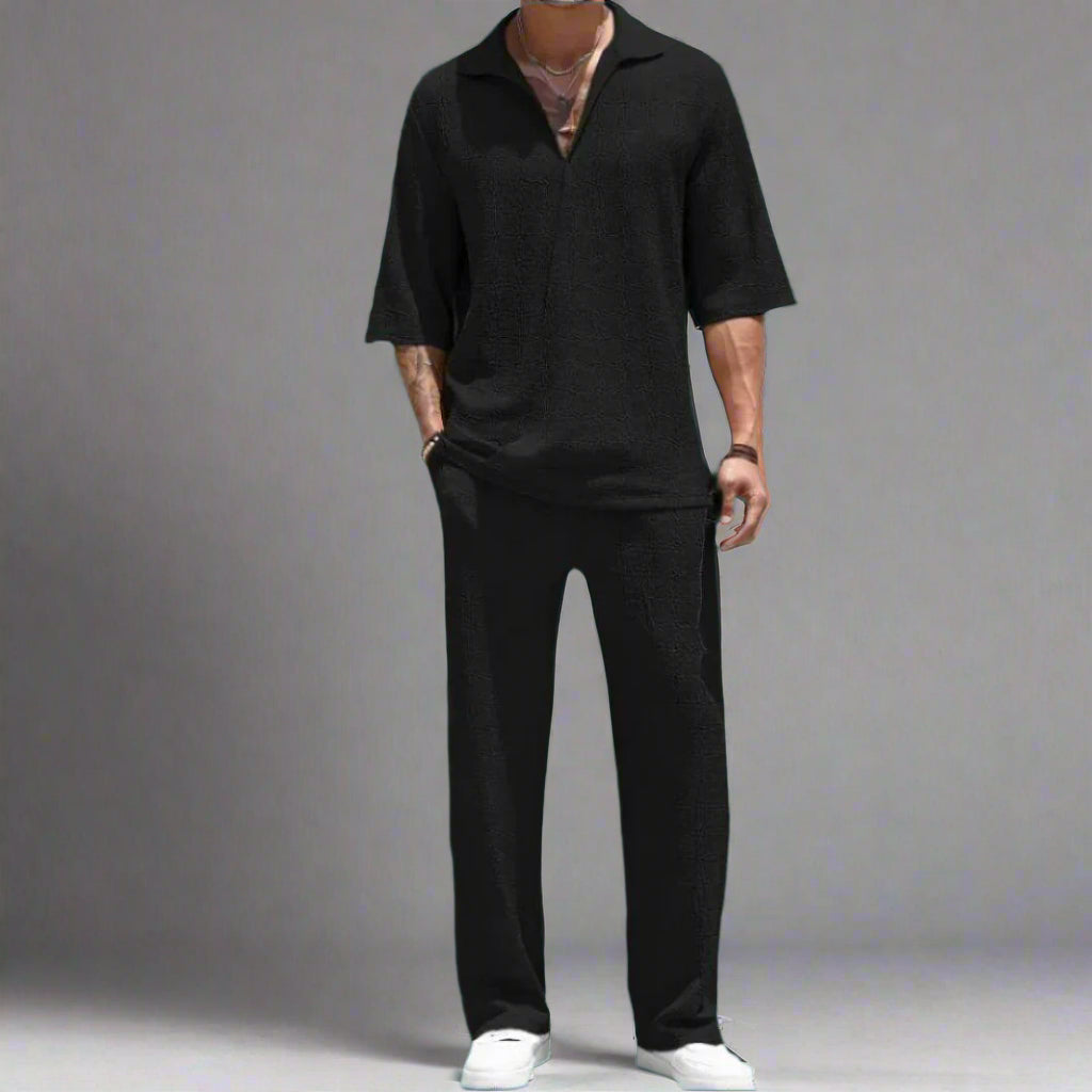 Compleu vară bărbați negru casual cu tricou polo și pantaloni lungi confortabili pentru sezon cald