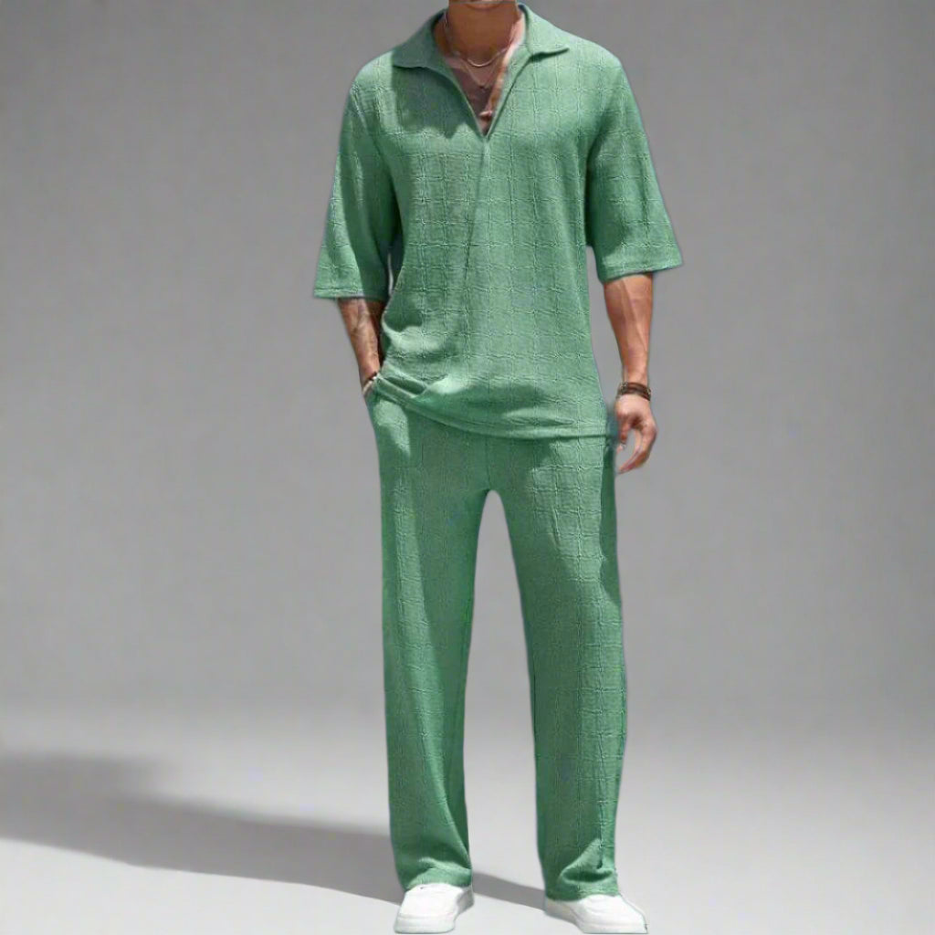 Compleu vară bărbați verde comfortabil din material ușor cu mâneci scurte și pantaloni lungi