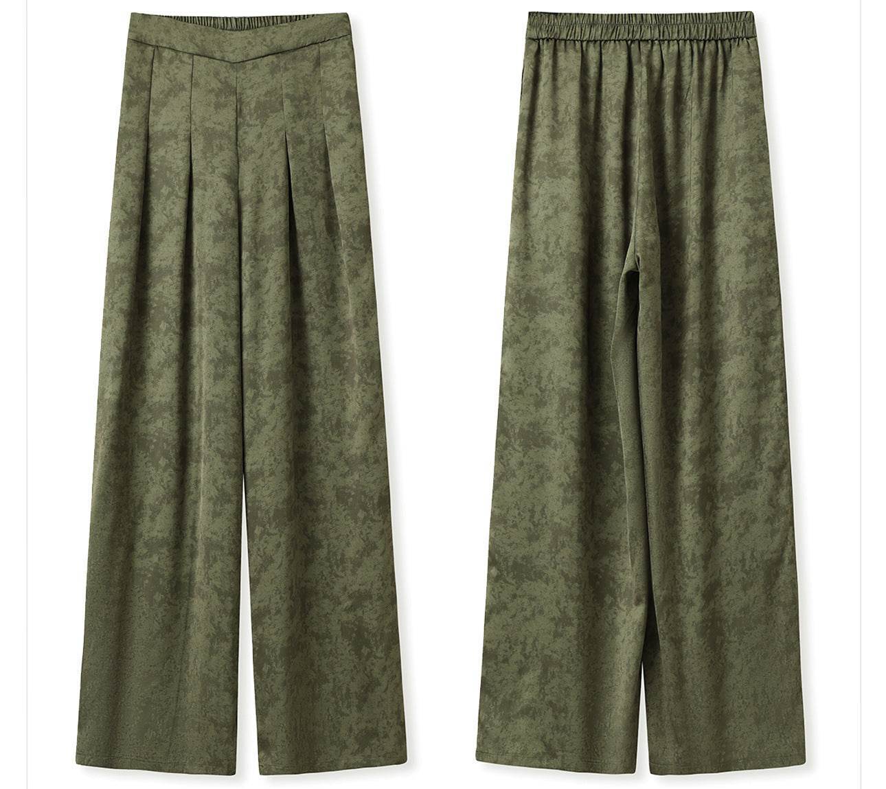 Pantaloni largi verzi din material texturat parte a unui costum de femei din doua piese