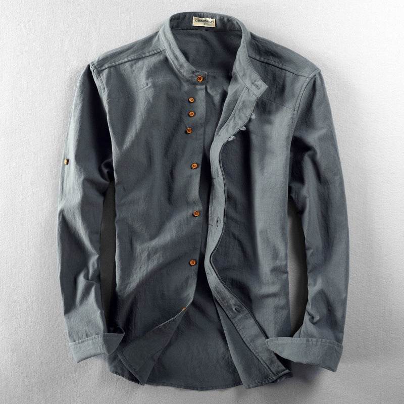 AM Vision RO Gray Cotton and Linen Shirt with Button Closure and Long Sleeves