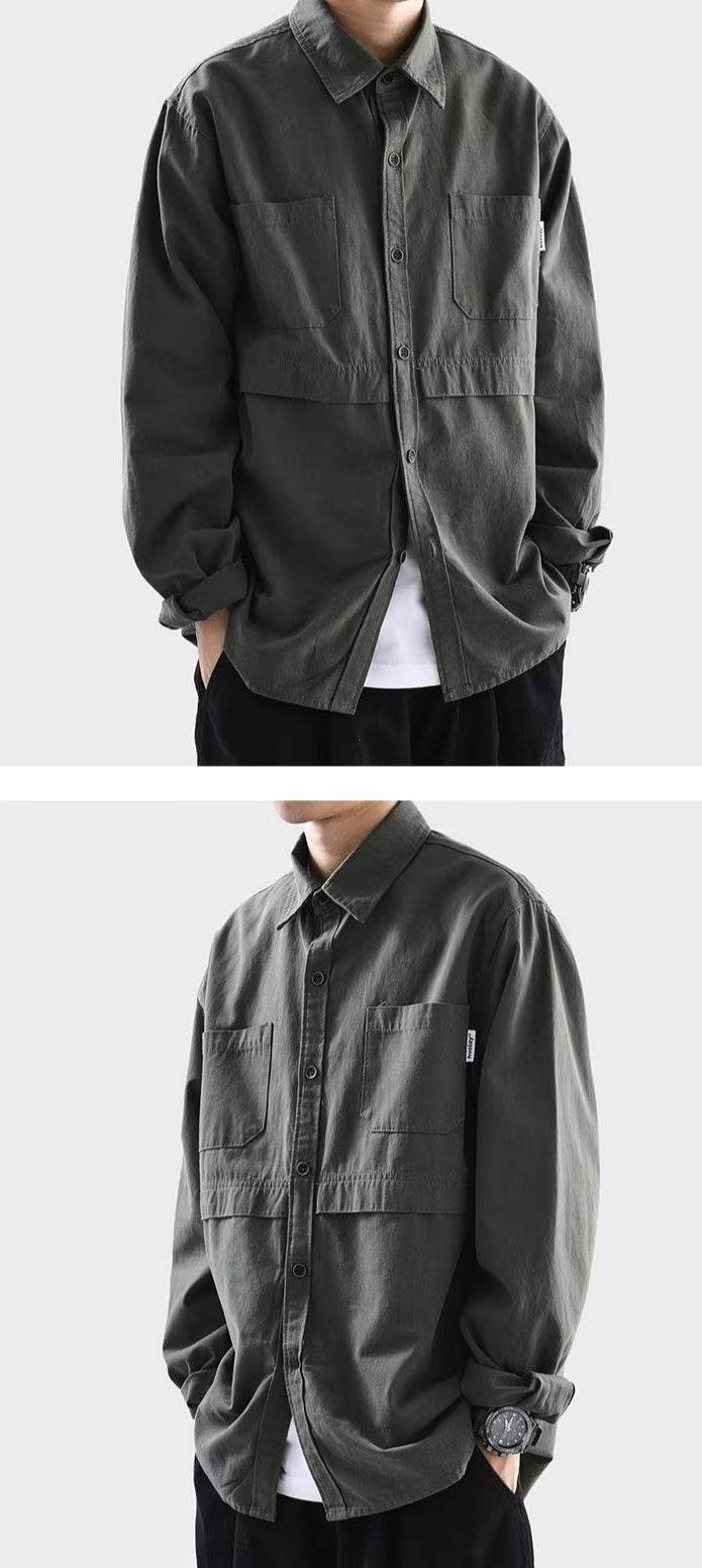 Men's oversized cotton cardigan in dark green with front pockets and button-down design