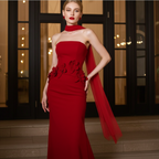 Crimson Siren Strapless Mermaid Evening Gown with Floral Embellishments and Flowing Cape
