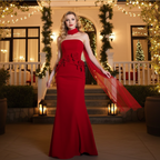 Elegant Crimson Siren Strapless Mermaid Evening Gown with Floral Accents and a Flowing Cape