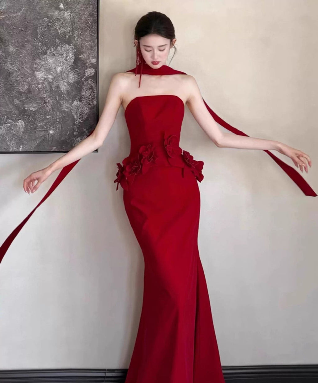 Elegant Crimson Siren Strapless Mermaid Evening Gown with Floral Details and Sash for Formal Events