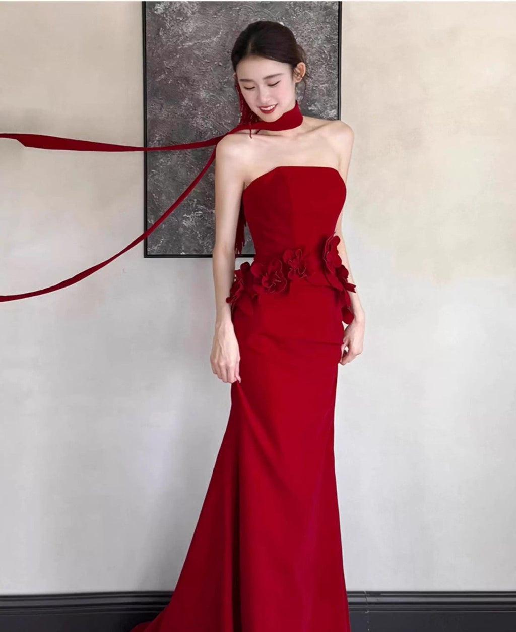 Crimson Siren Strapless Mermaid Evening Gown with Floral Accents and Elegant Silhouette