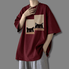 Curious Cats T-Shirt in Burgundy featuring playful cat graphics on a comfortable loose fit
