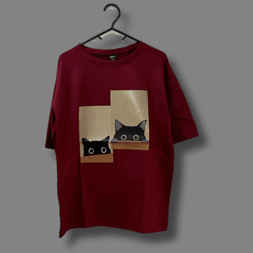 Maroon Curious Cats T-Shirt featuring playful cat graphics peeking from a box