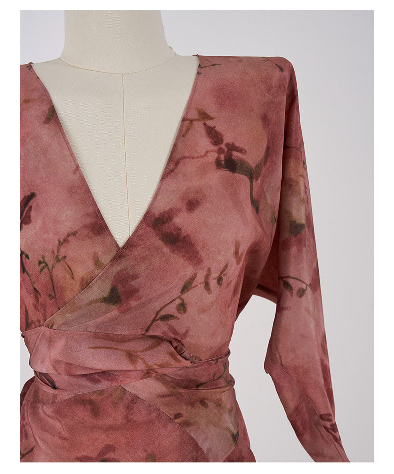 Elegant Dark Pink Silk Tie Dress featuring floral patterns and a wrap design for a stylish look