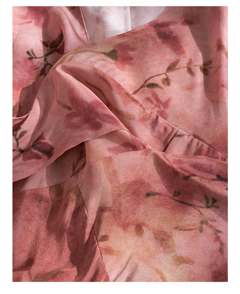 Close-up of Dark Pink Silk Tie Dress showcasing floral patterns and soft fabric texture