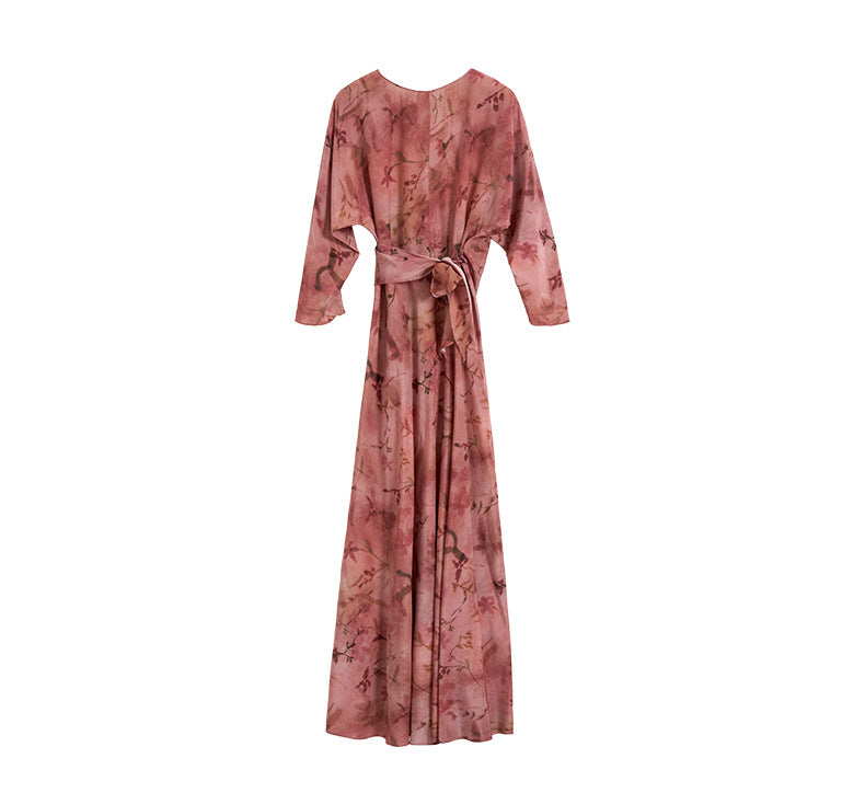Elegant Dark Pink Silk Tie Dress with Long Sleeves and Floral Print for Special Occasions