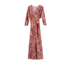 Elegant Dark Pink Silk Tie Dress with Long Sleeves and Floral Print for Special Occasion