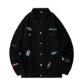 Black Denim Jacket with Embroidered Details Featuring Space and Brand Patches