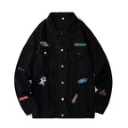 Black Denim Jacket with Embroidered Details Featuring Space and Brand Patches