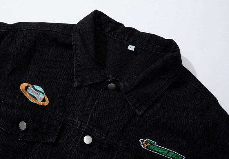 Black Denim Jacket with Embroidered Details featuring a planet design and vibrant colors