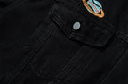Black Denim Jacket with Embroidered Details featuring a colorful planet design on the chest pocket