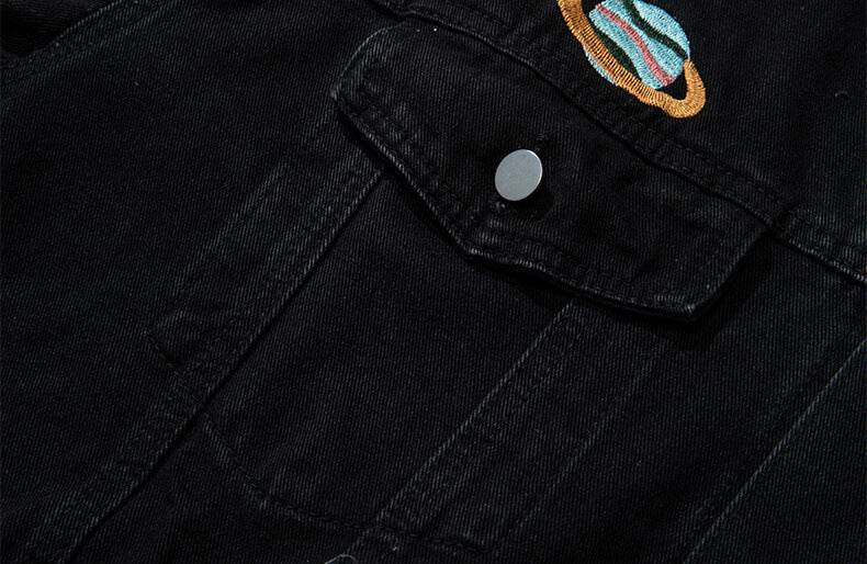 Black Denim Jacket with Embroidered Details featuring a colorful planet design on the chest pocket